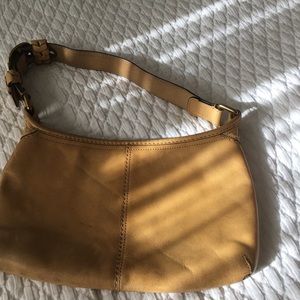 Camel Coach Shoulder Bag with Brass Hardware